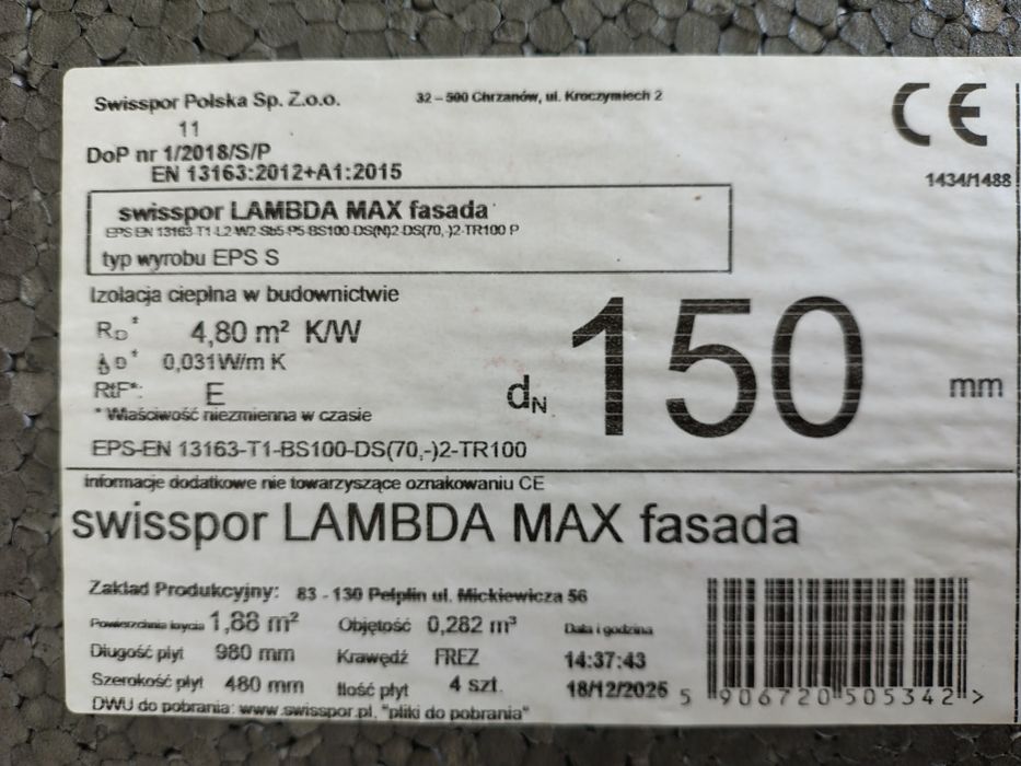 Styropian 15 cm  fasadowy, frezowany lambda max  0.031