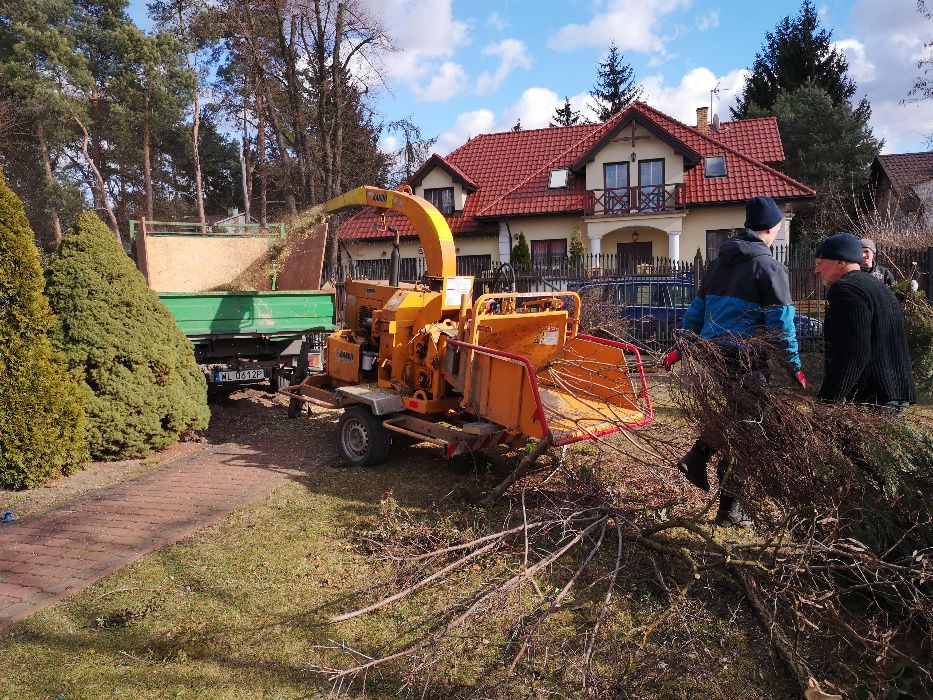 Wycinka drzew, rębak, frezarka do pni, podnośnik koszowy