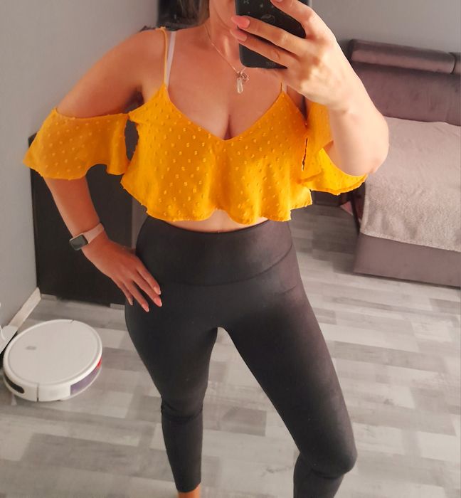 Crop Top croptop prążki kropki groszki sznurowany musztardowa bluzka