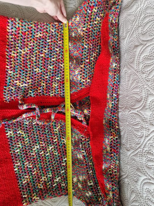 Wełniany handmade kardigan długi sweter tęczowa  narzutka
