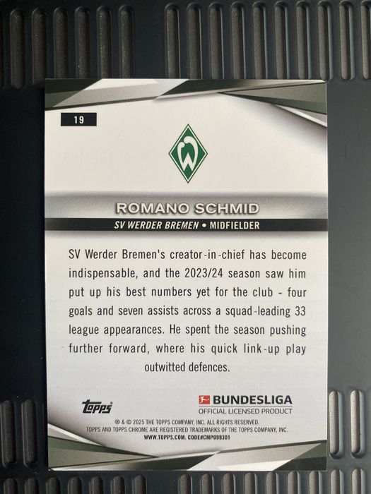 Romano Schmid 136/199 – Topps Chrome Bundesliga – Limitowana Karta