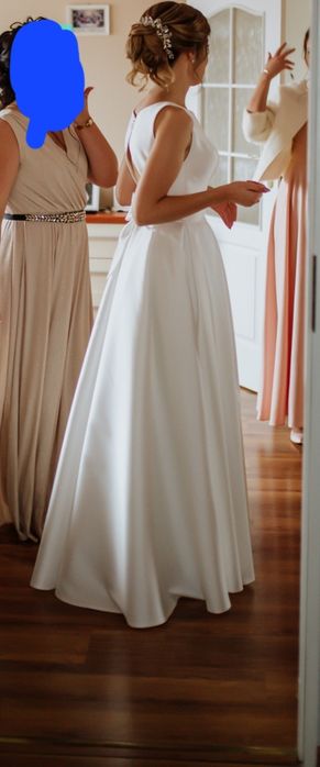 Suknia ślubna MS Moda z kokardą model Ada mikado satynowa gładka