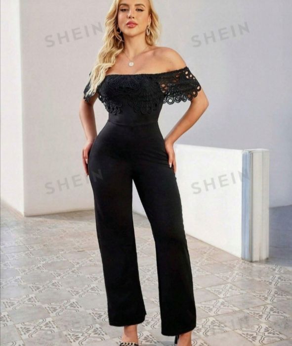 Elegancki czarny kombinezon hiszpanka koronką wesele L