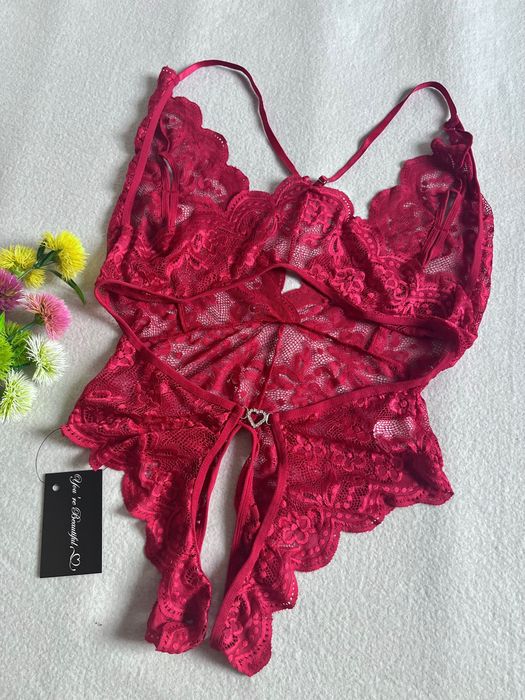Body koronkowe czerwone otwarte erotyczna bielizna damska sexi seksowne siateczkowe bodystoking sexy M 38