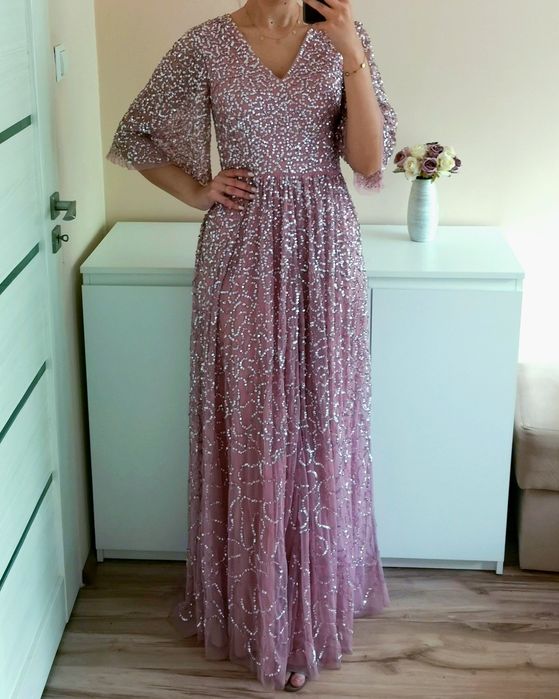 Różowa cekinowa maxi suknia sukienka 36/38 S/M maya deluxe wesele