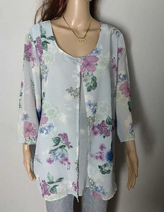 Bluzka błękitna kwiaty elegancka plus size 50 5XL old money kolorowa