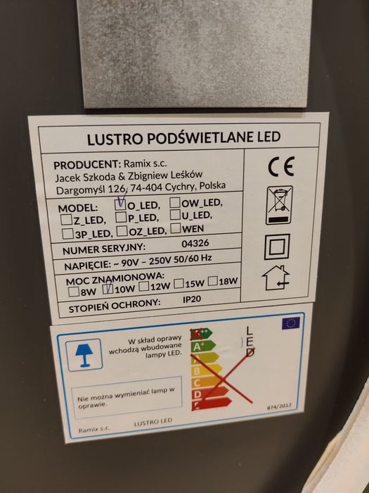 Lustro okrągłe LED średnica 70 cm, podwójna moc, barwa neutralna, NOWE