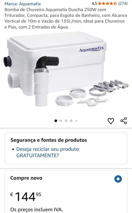 Bomba de Chuveiro Aquamatix Duscha 250W com Triturador, Compacta, para Esgoto de Banheiro, com Alcance Vertical de 10m e Vazão de 135L/min,