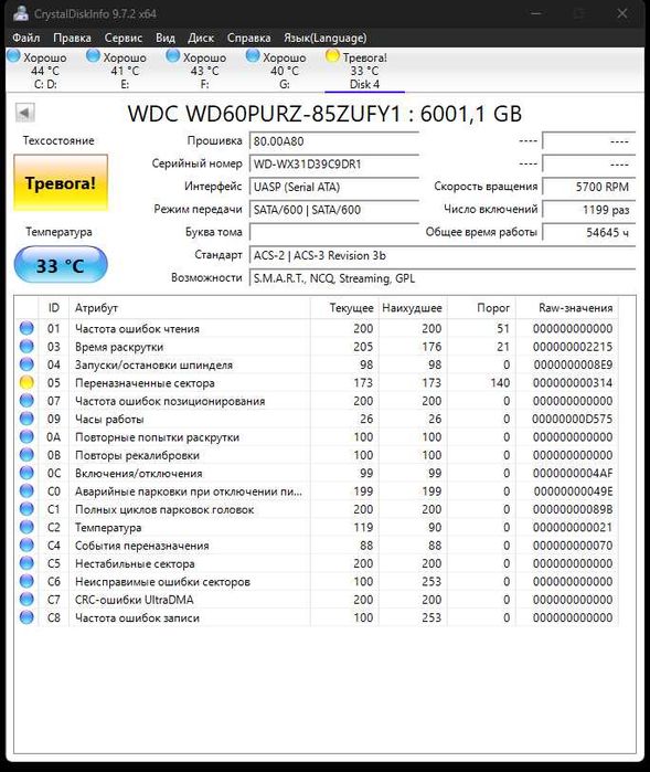 Жесткий диск HDD 6 тб WD Purple WD60PURZ-85ZUFY16