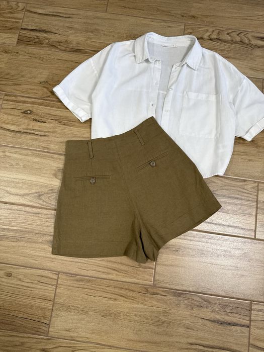 Льняные летние шорты zara хаки женские