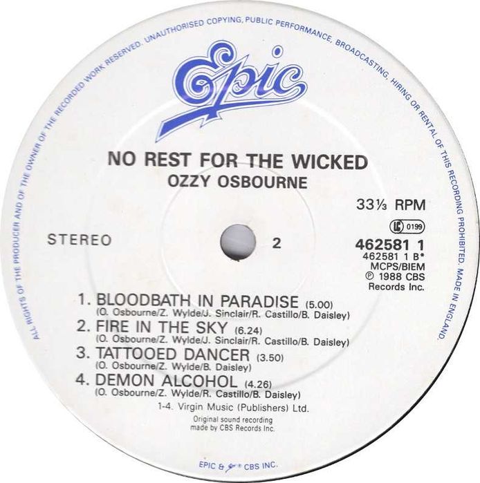 Ozzy Osbourne ‎– No Rest For The Wicked 1988 LP UK / вініл / платівка