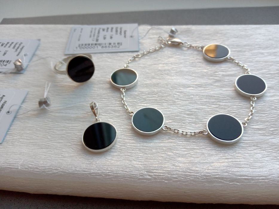 Серебряный комплект с ониксом минимализм черный круг коло