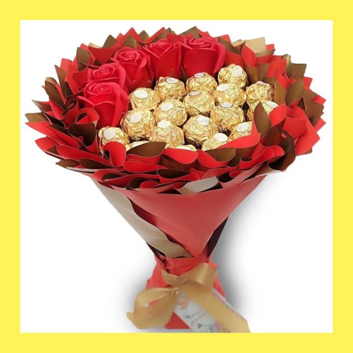 Bukiet ze słodyczy Ferrero Rocher i róże. Prezent na urodziny, ślub