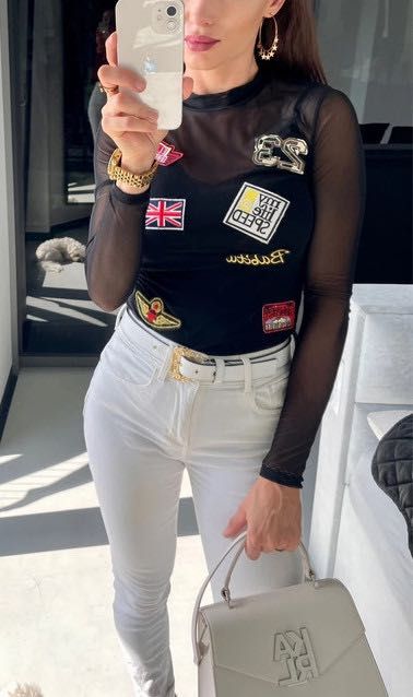 Bluzka siateczkowata z naszywkami, NOWA, elastyczna przeźroczysta r. S