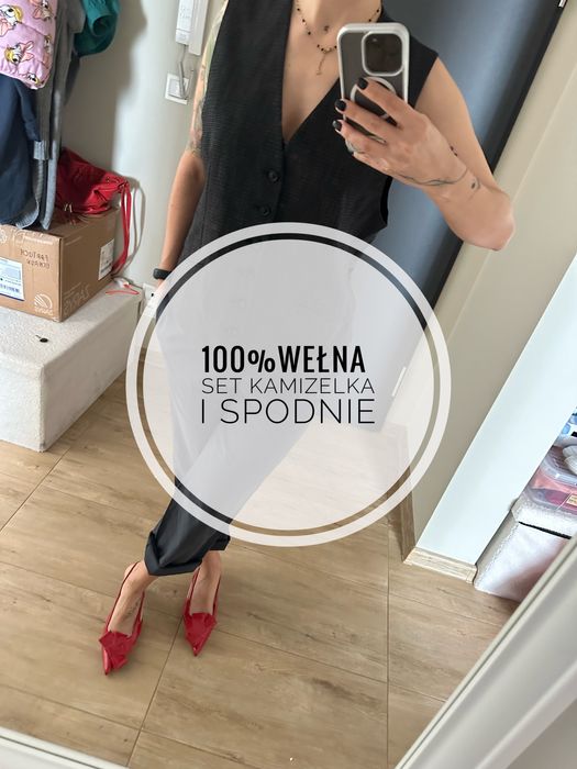 Set zestaw garnitur welniany welna kamizelka spodnie cygaretki tanio