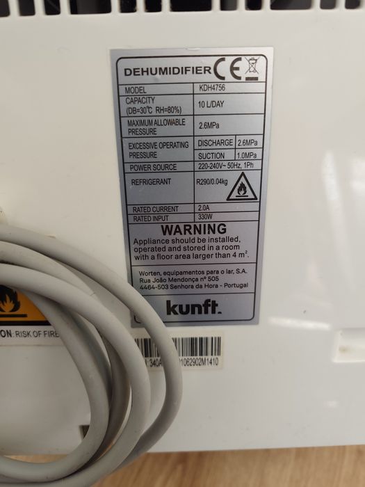Desumidificador 10L Kunft KDH4756 (capacidade de extração 10L/dia)