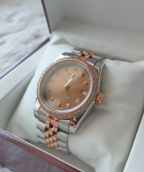 Relógio Automático Seiko Mod Datejust Rose Gold Diamond Chocolate