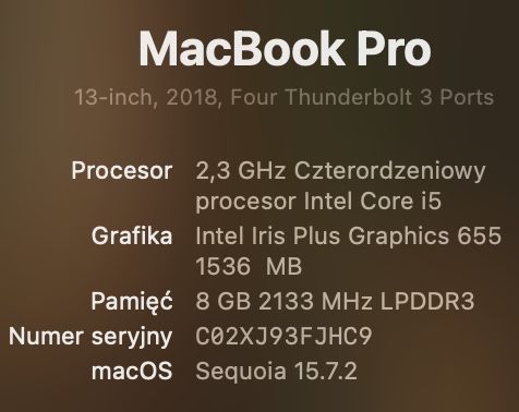 MacBook Pro 13” (2018) – bardzo dobry stan, 512 GB