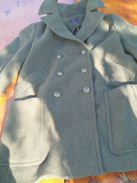 Zielony khaki krótki płaszcz dwurzędowy z wełną M&S L 40
