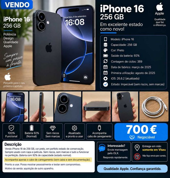 iPhone 16 256GB – Impecável – Bateria 92%