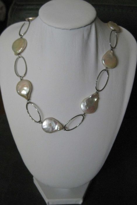 Conjunto Colar e Pulseira de Prata c/ Contraste e Perolas Agua Doce