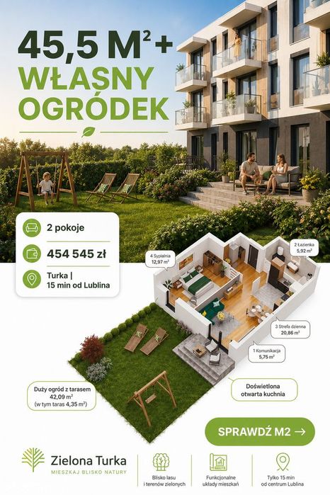 Nowe mieszkanie (45,50 m2) z dużym ogrodem (42,09 m2) — parter, Turka