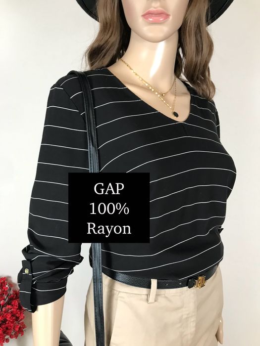 Czarna koszula w białe paski z długim rękawem rayon biurowa w V GAP