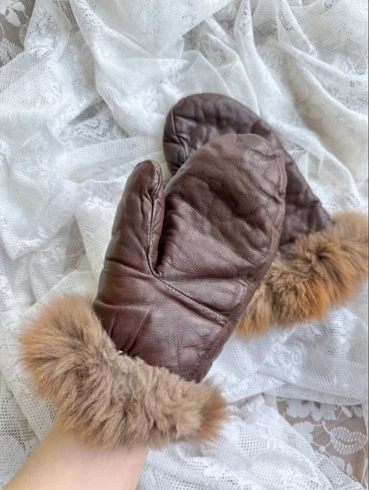 Skorzane vintage rękawiczki wełniane ocieplane jednopalczaste