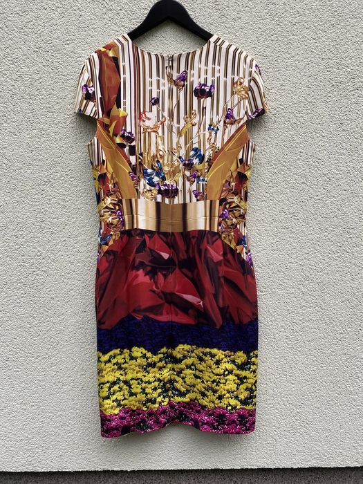 Czerwona złota kolorowa jedwabna sukienka midi Mary Katrantzou