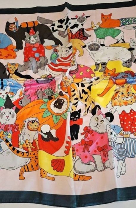 Nowa jedwab 100% Silk jedwabna Apaszka chusta koty 70 x 70