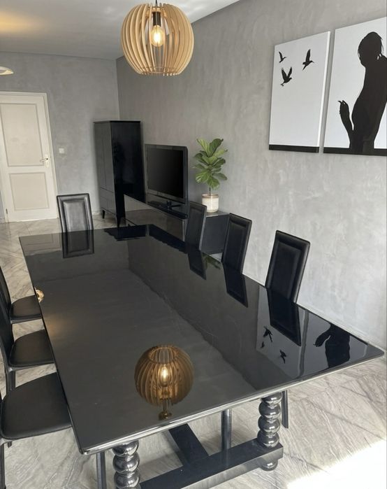 Conjunto de Mesa de Jantar de Vidro Preto + 10 Cadeiras – Preto Lacado