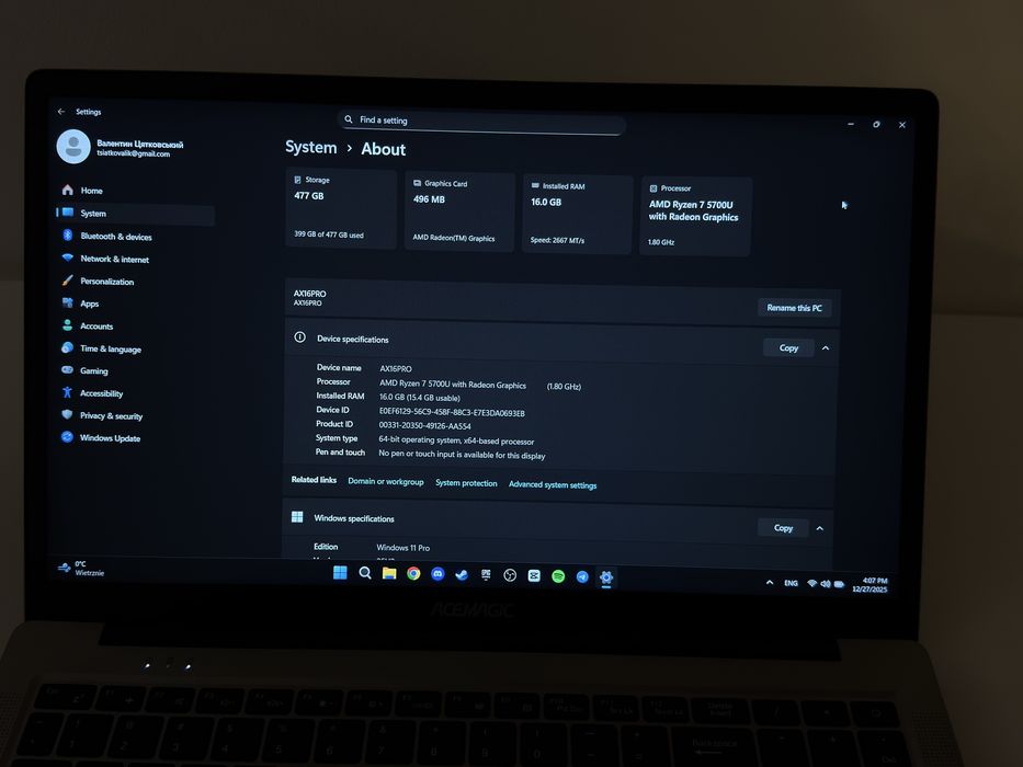 Acemagic AX16Pro, Ryzen 7 5700u, 16gb, 512gb