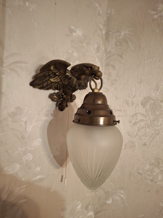 Żyrandol mosiężny Orzeł oraz kinkiety, mosiądz, retro, kryształ, lampa