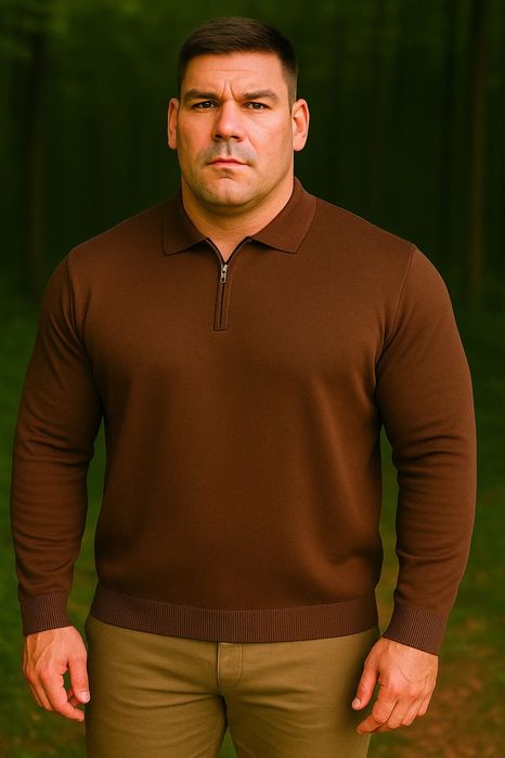 Męska gładka bluza z zamkiem brązowa z kołnierzykiem 4xl 5ia