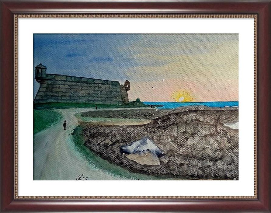 Aguarela pintada a mão " Impressões do castelo do queijo"