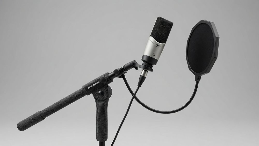 Microfone voice-over Sennheiser MKH 416-P48U3 (Shotgun Condenser) e Suporte para partituras / Script (Music Stand)