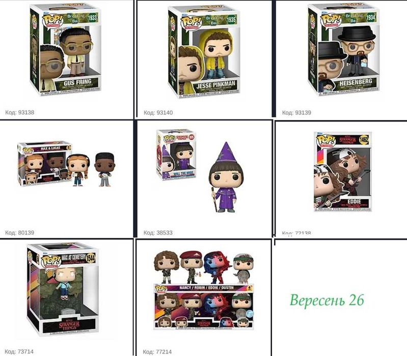 Фігурки Funko Фанко серіали Stranger things, Bridgerton, Wednesday, Breaking Bad, Walking Dead та інші