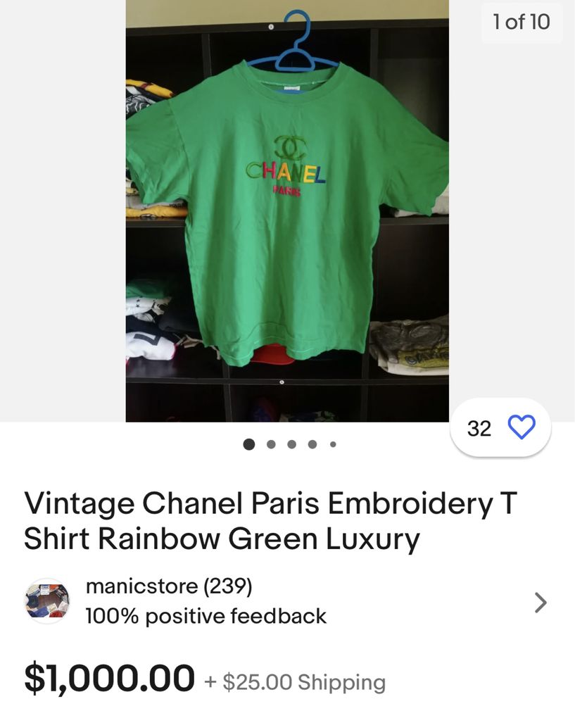 Vintage Chanel Paris Embroidery T Shirt Rainbow Green Luxury