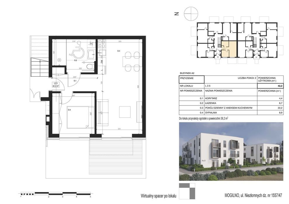 NOWE Mieszkanie 2 pokojowe z ogródkiem MOGILNO/ 42,2 m2 + 36,2 ogródek