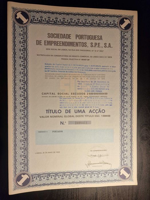 Títulos de Ações - Sociedade Portuguesa de Empreendimentos SPE, SA