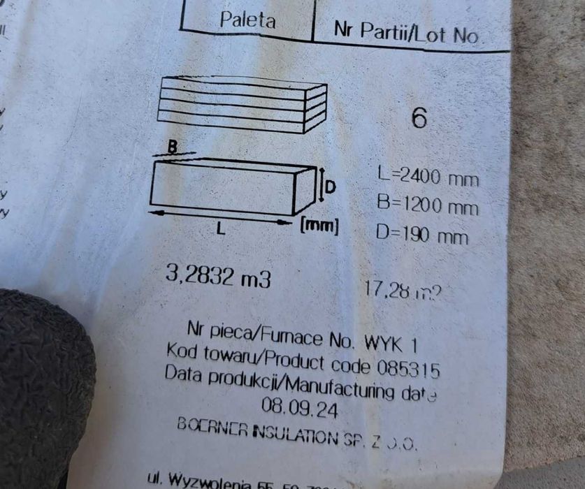 WEŁNA twarda PŁYTY 19 CM  - 34,56 m2 cena za całość - 3,28 m3