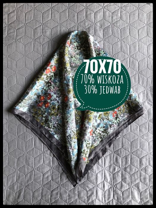 851. J.nowa.Apaszka/chusta wiskoza/jedwab.70x70cm.Szara.Motyw kwiatowy
