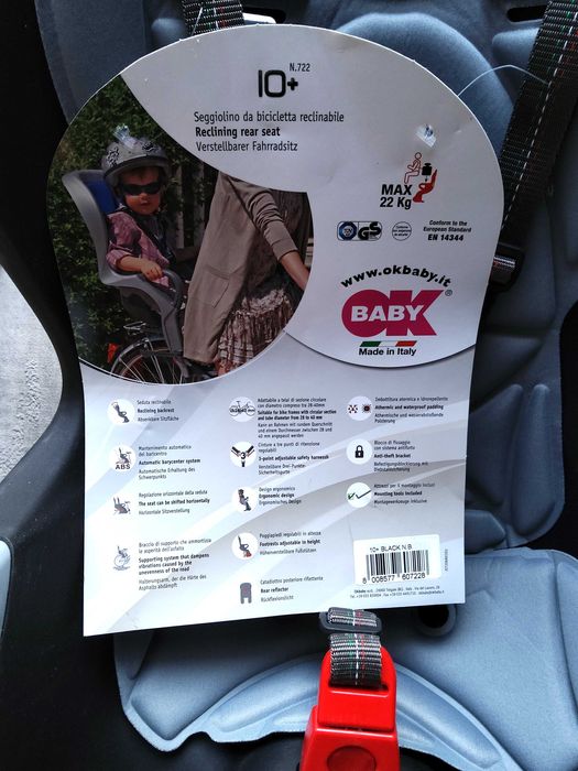 Fotelik rowerowy tylny Okbaby 10+ czarno szary