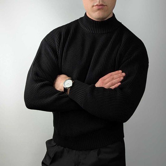 Свитер мужской, чоловічий светр, в'язаний светр, чорний, молочний