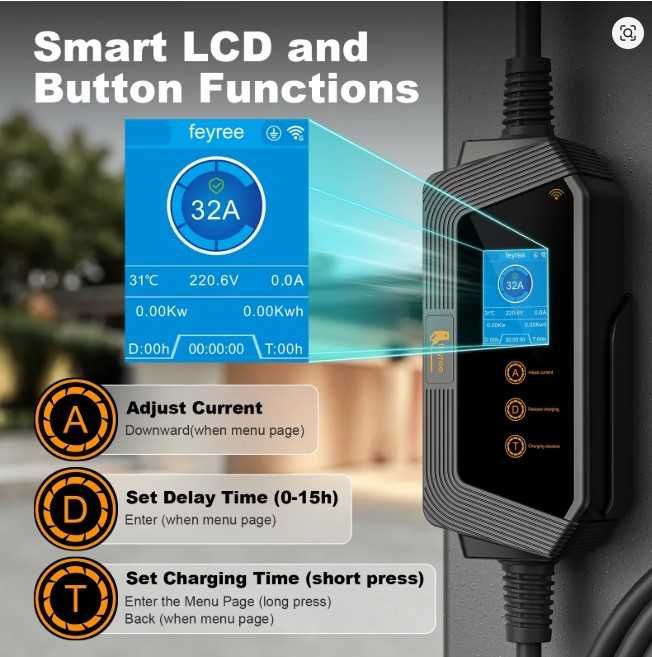 Зарядка електромобіля feyree Type1, GBT 7кВт 32А, 5 метрів з WiFi