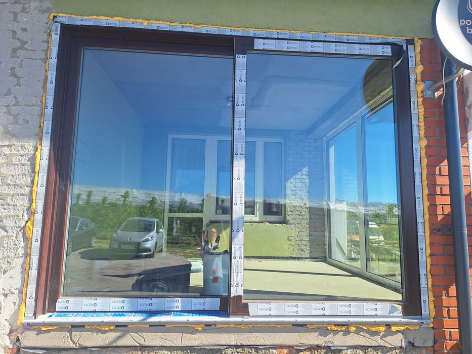 Okno tarasowe HS 3000x2350 mahoń od zewnątrz