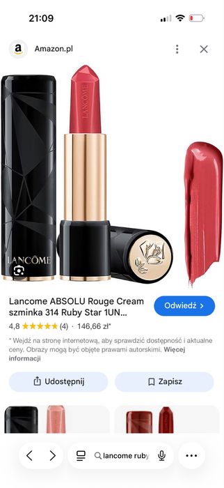 czerwona pomadka szminka Lancome L'Absolu 314 Rouge Ruby Cream