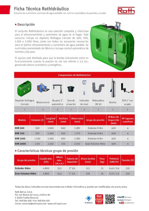 Depósito Água Potável ROTH KHR 1100 Litros + bomba silenciosa inox