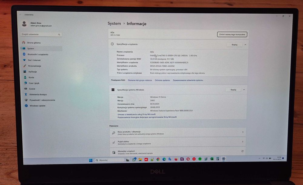 Laptop Dell XPS 15 7590, RAM 32GB, SSD 1TB + Stacja Dokująca Dell TB16