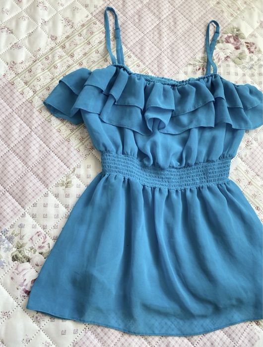 Niebieski top na ramiączka S 36 H&M mesh falbanki 00s
